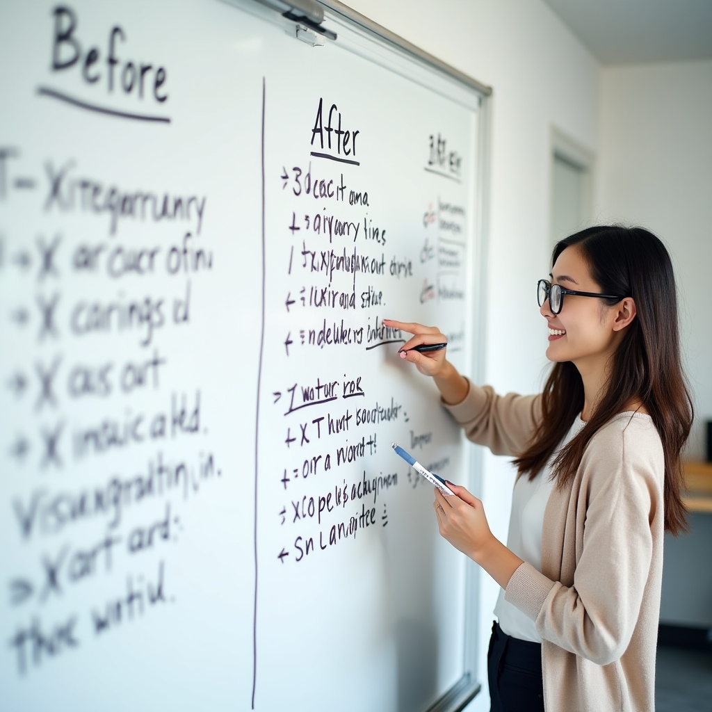 Side-by-side document comparison displayed on a whiteboard during a writing workshop