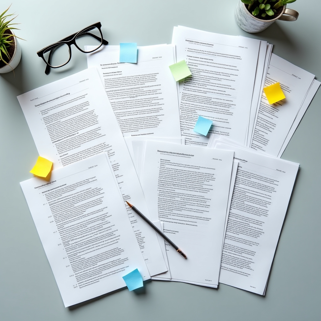 Stack of printed professional documents with sticky notes and annotations in a workshop setting