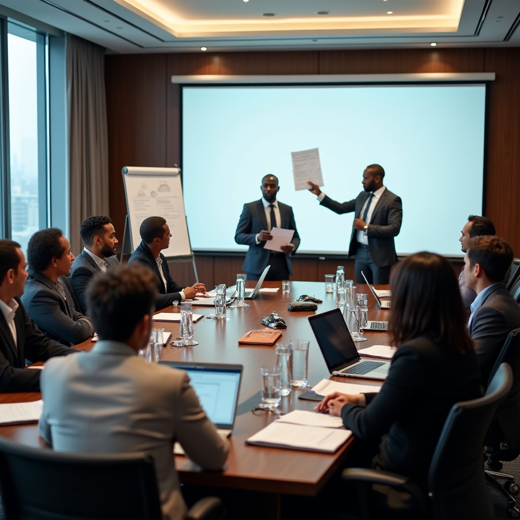 A team of professionals seated around a conference table participating in a writing workshop with documents visible
