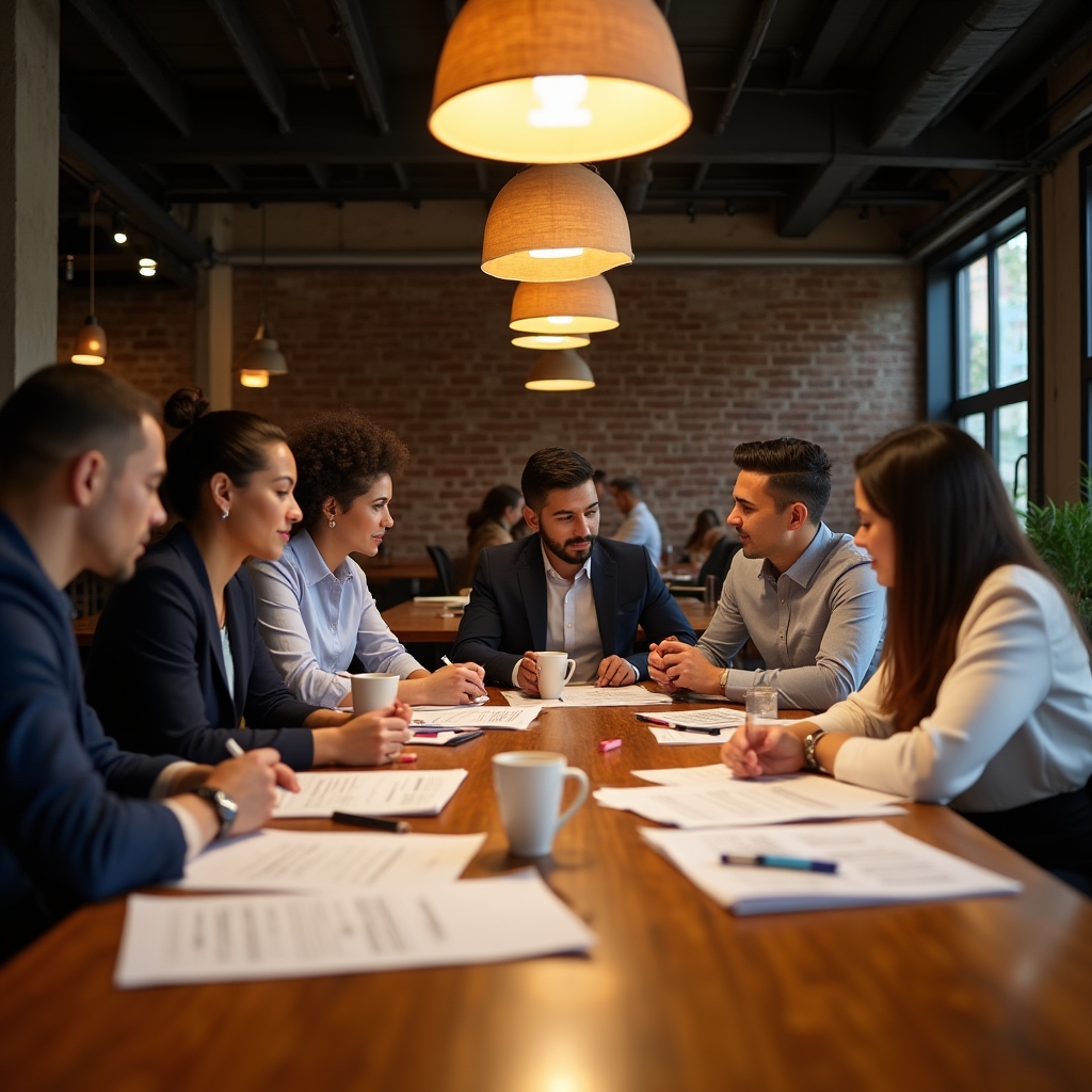 Professionals reviewing written documents together at a workshop table